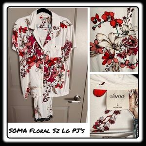 Soma “Notched Collar” short sleeve/pants cream / red floral print sz Large